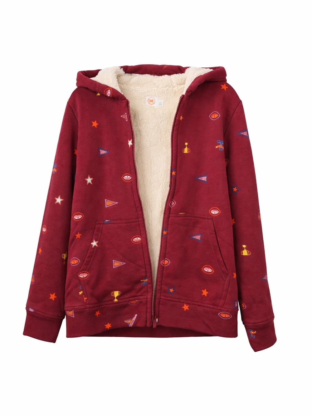 wonder nation Burgundy Sherpa-Lined Zip Hoodie with Sporty Icons